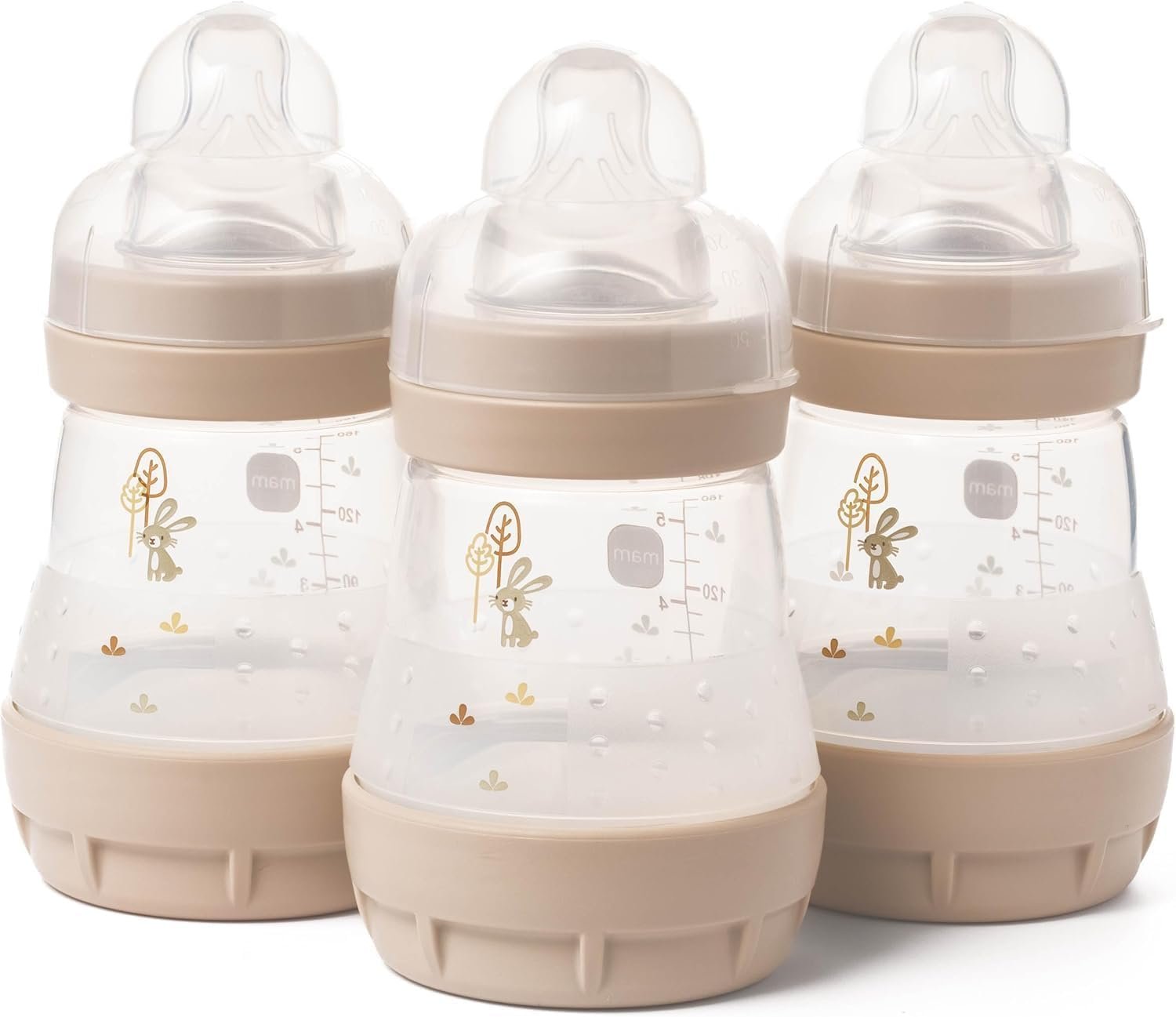 Three Mam baby bottles for twin feeding