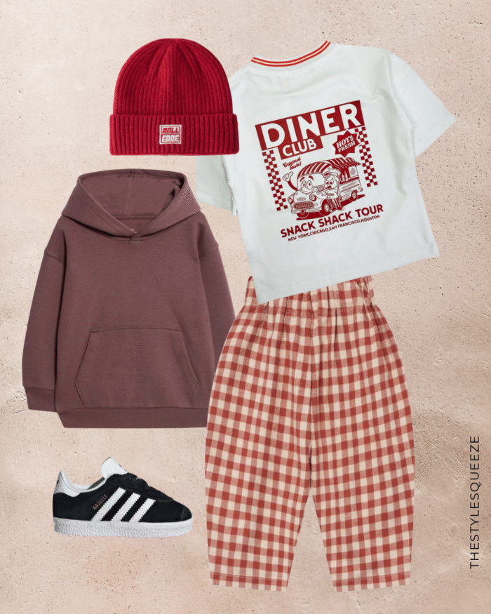 red check toddler trouser organic zoo, graphic printed tshirt styling