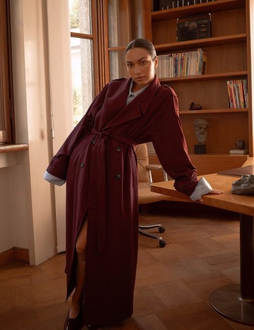 burgundy trenchcoat long sleeves waist tie