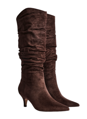 Brown Ruched Kitten Heel Boots