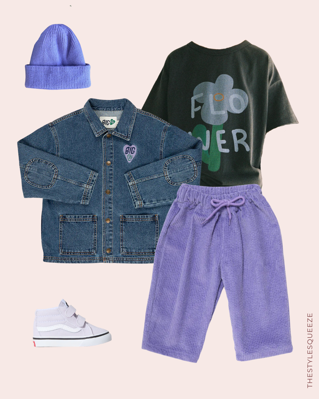 lilac trousers, flower. graphic t-shirt denim jacket converse