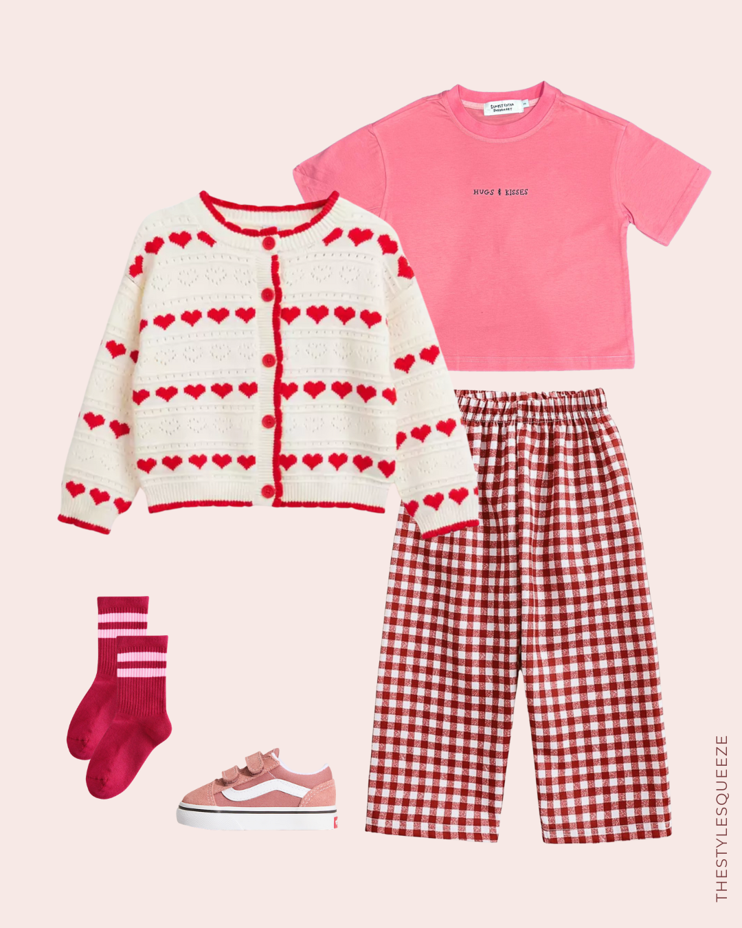 pink tshirt, heart print cardigan, red check trousers for kids with van trainers
