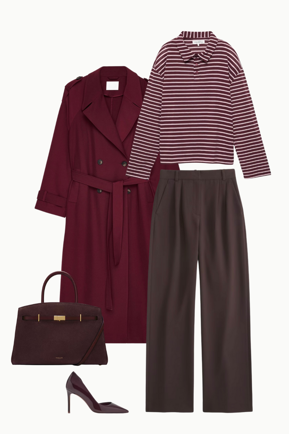 burgundy pink stripe polo, tench coat. suede bag