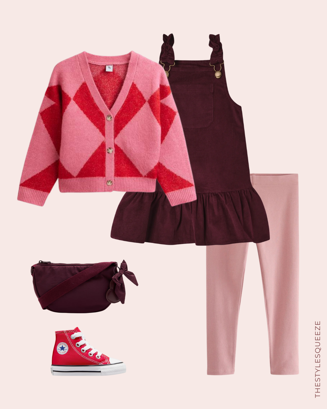 red and pink printed cardigan, burgundy dungaree dress, pink leggings, burgundy bag and red converse