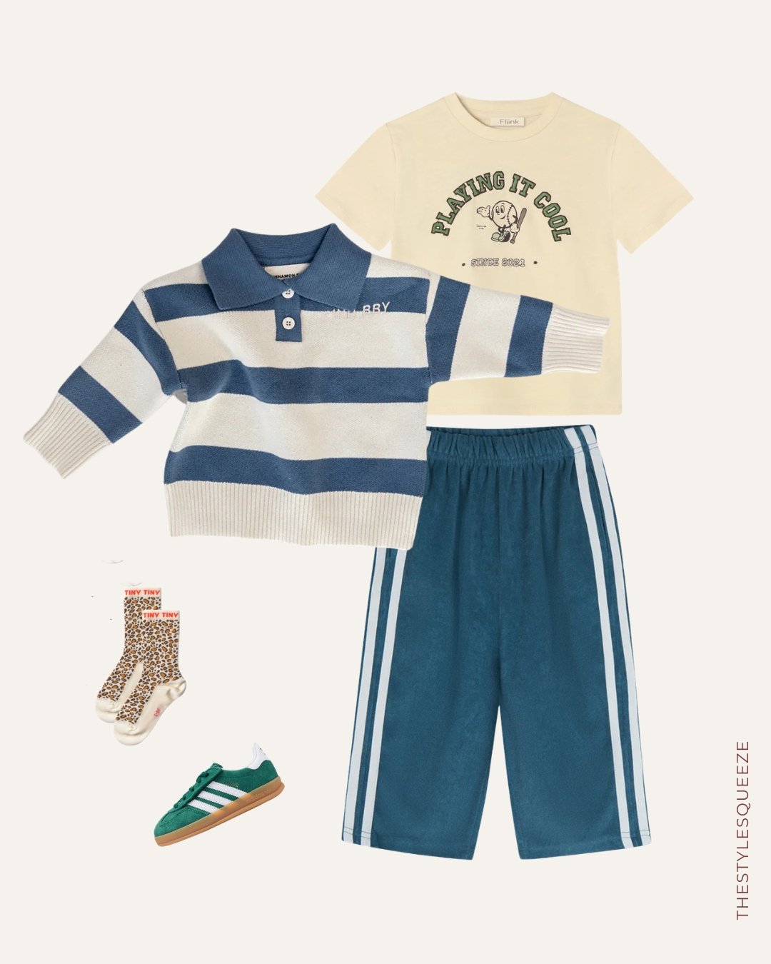 toddler styling, stripe polo top, graphic t-shirt and blue stripe trousers, leopard socks