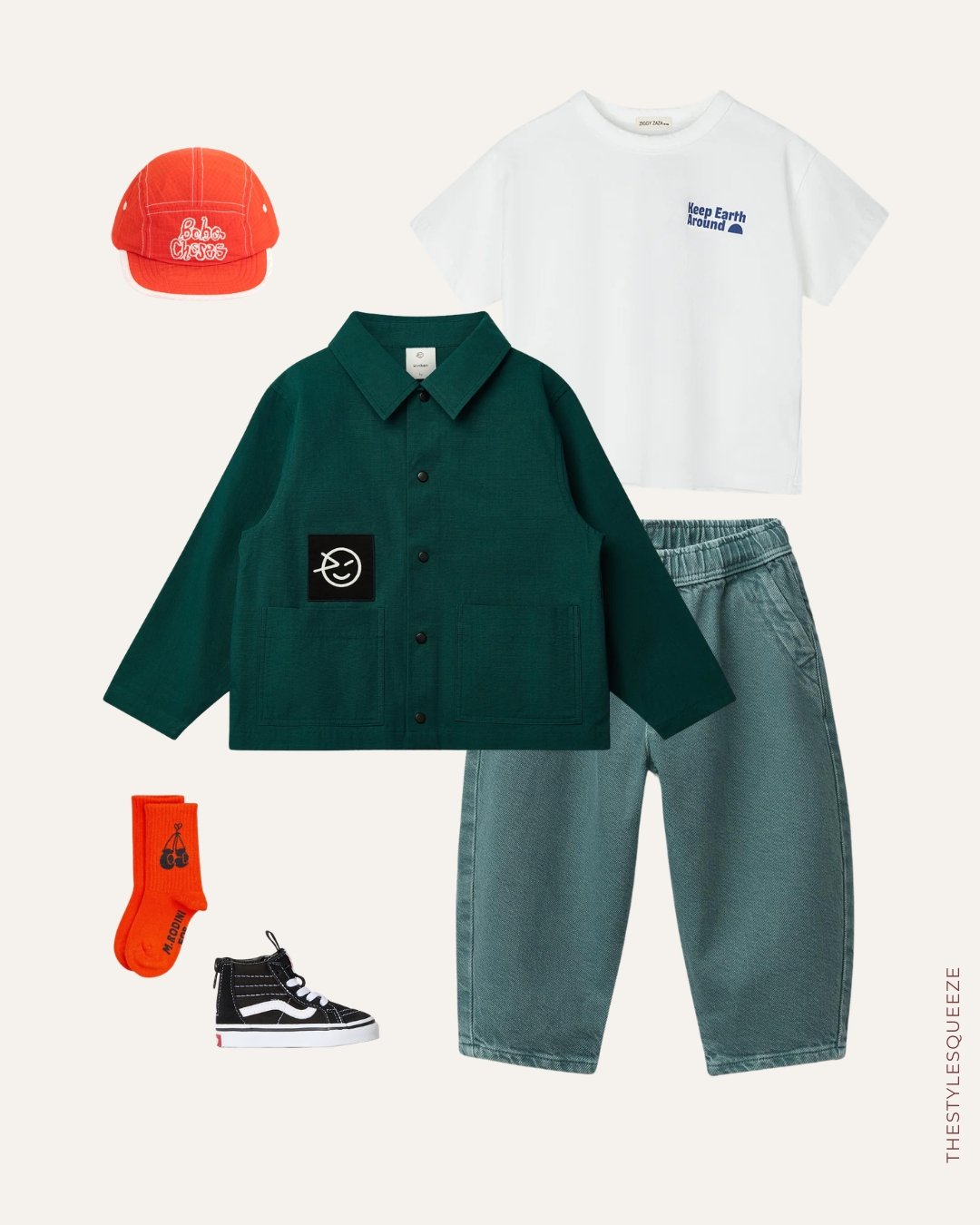 toddler outfit for spring, green jacket and trousers, orange accessories