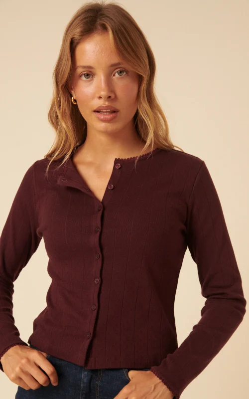 burgundy button up cardigan. autumn burgundy knitwear model wearing it